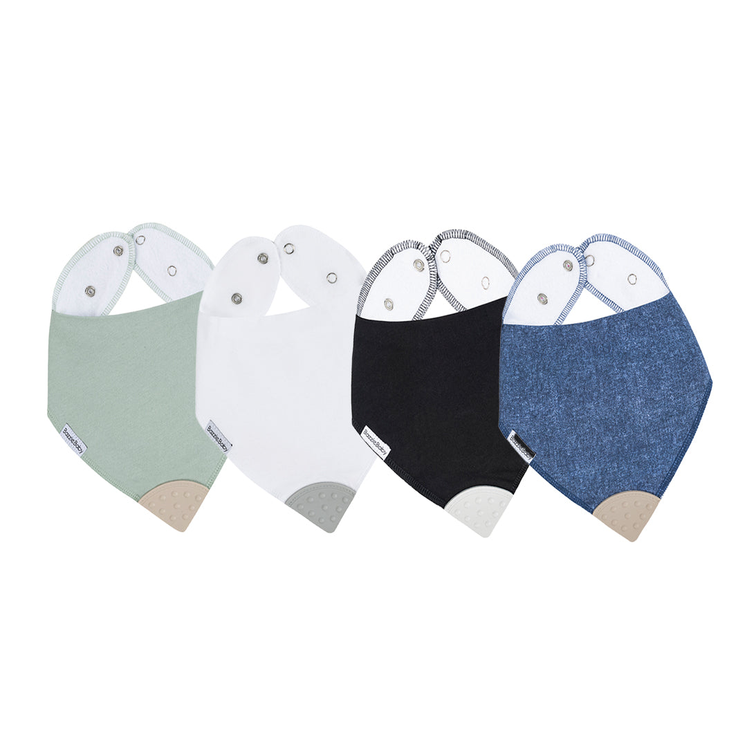 Bazzle Baby Banda Bib with Silicone Teether Attached 4-pack - Various Colors