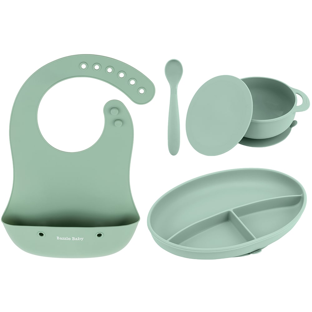 Bazzle Baby Foodie Feeding Set: Silicone Bib, Plate, Bowl, Lid and Spoon