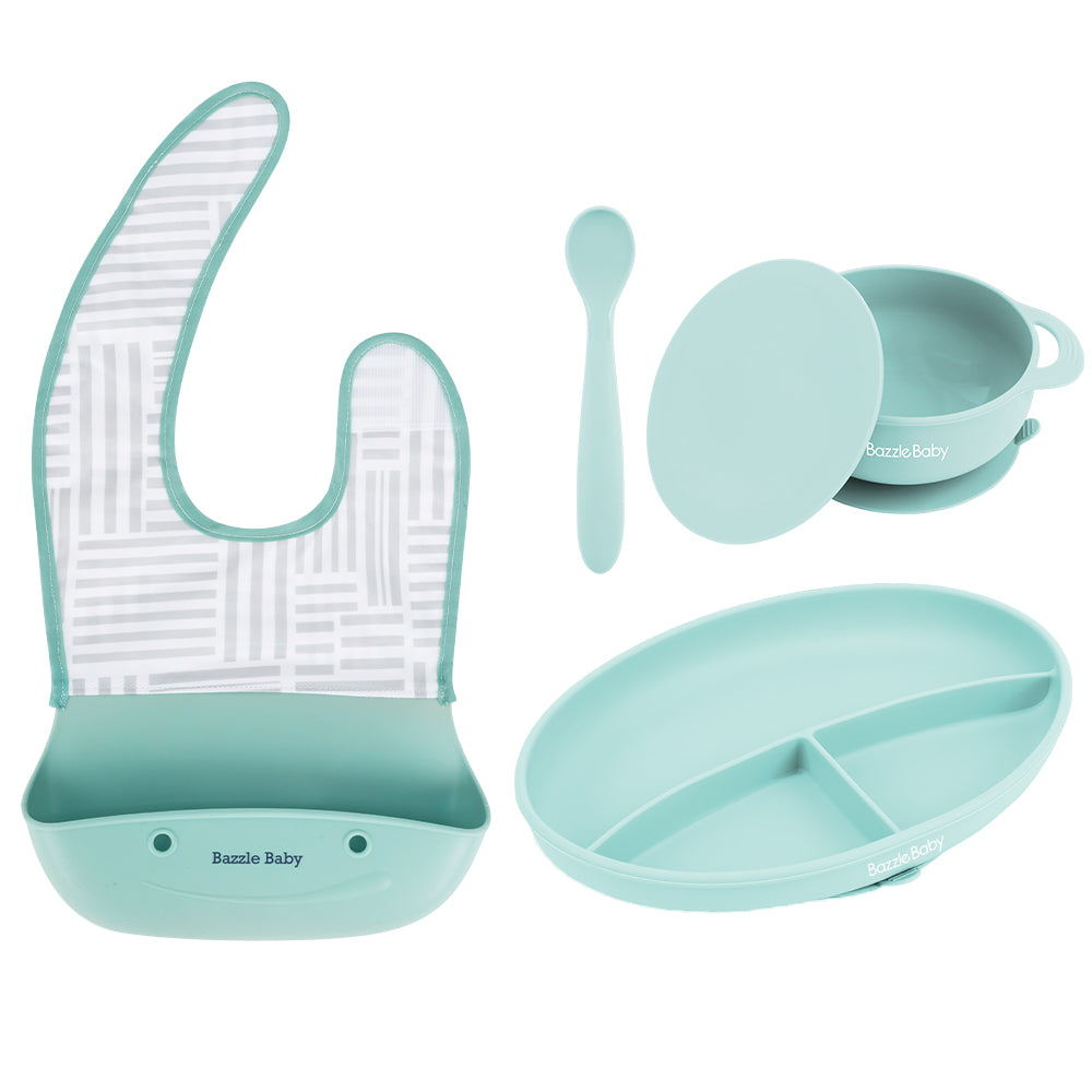 Bazzle Baby Foodie Feeding Set: Silicone Bib, Plate, Bowl, Lid and