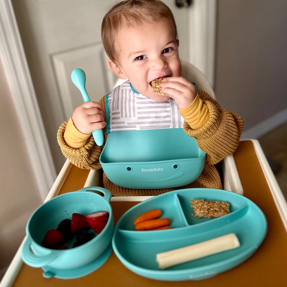 Bazzle Baby Foodie Feeding Set: Silicone Bib, Plate, Bowl, Lid and Spoon